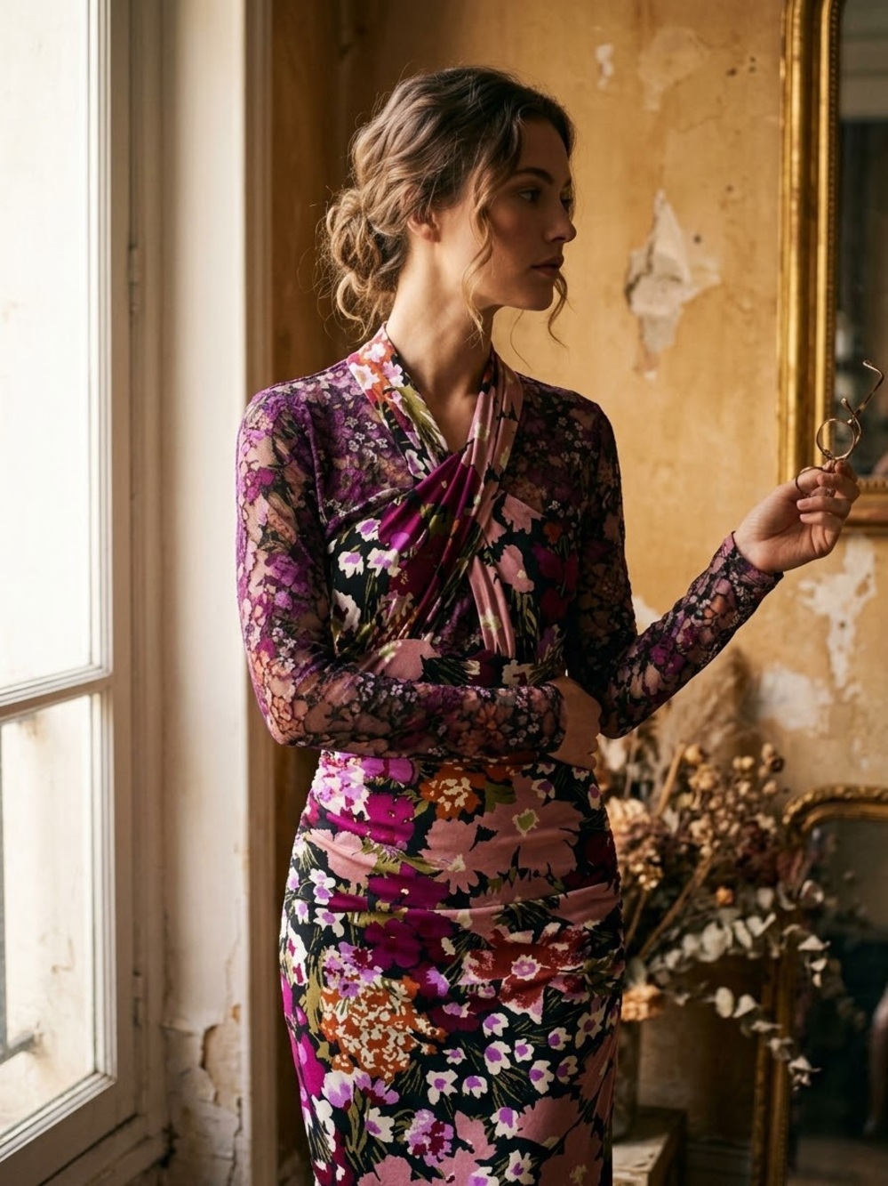 NWT Long Sleeve Halter Mesh Ruched Multicolor Midi Floral Body Con Dress